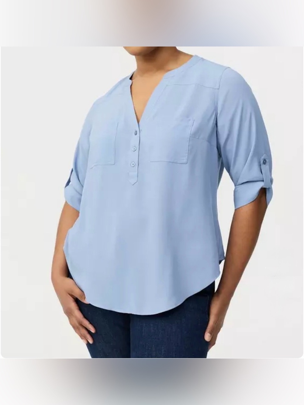 Torrid 3X Harper Challis 3/4 Roll Tab Sleeves - Light Blue